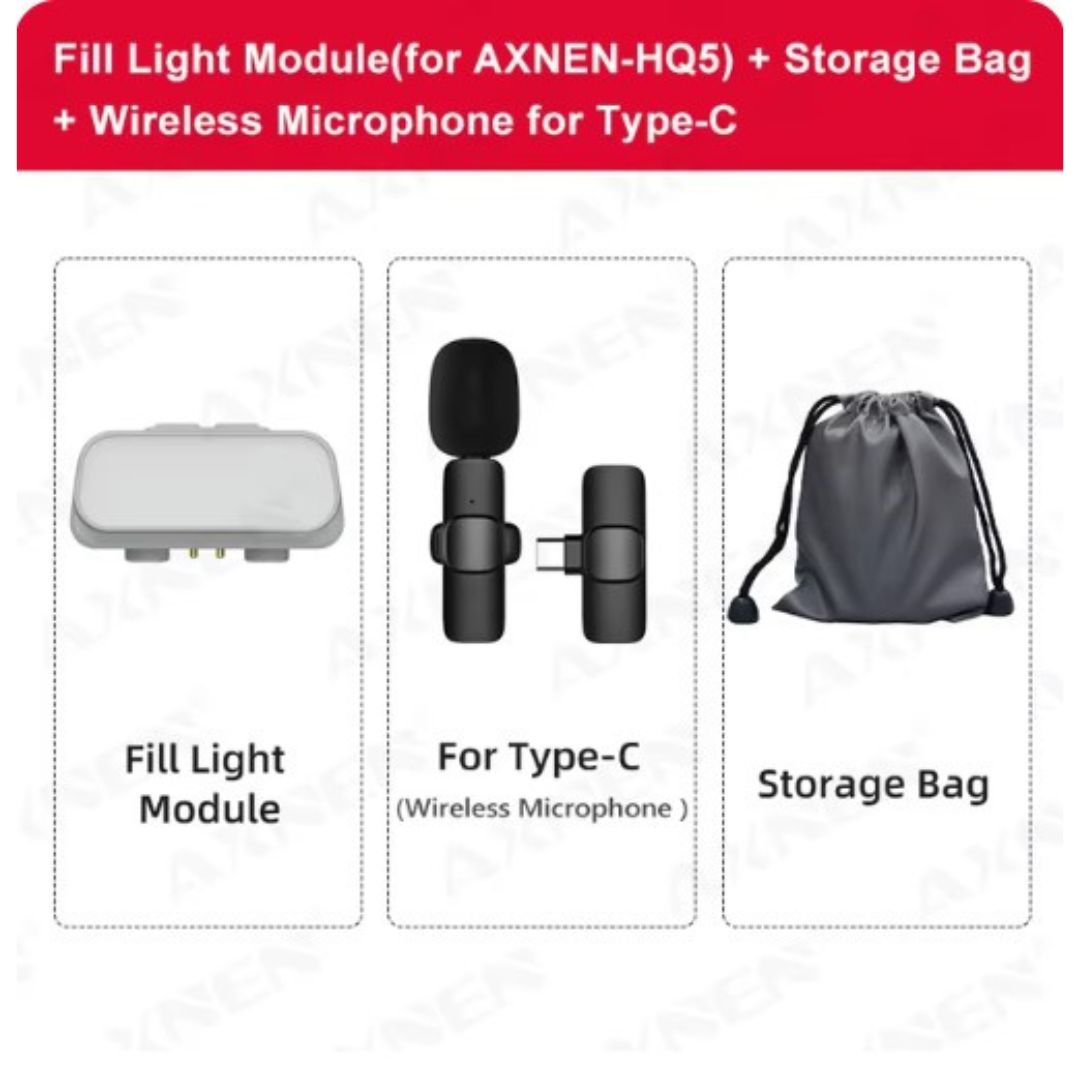 Modulo luce di riempimento AXNEN-HQ5, microfono wireless per Type-C e borsa di stoccaggio. Accessori per smartphone, illuminazione e audio portatile.