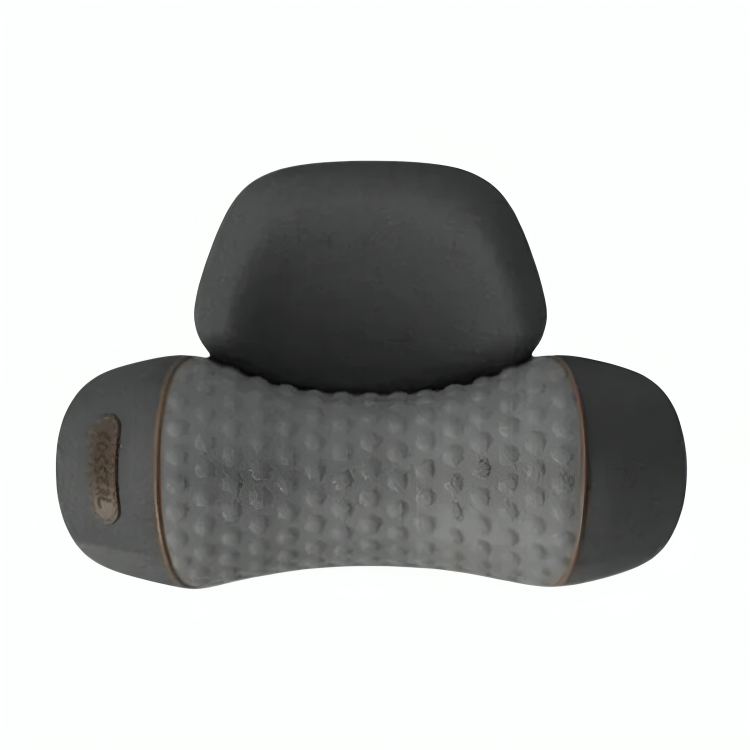Cuscino massaggiante ergonomico nero, design compatto, ideale per supporto cervicale e relax muscolare. Accessorio benessere portatile.