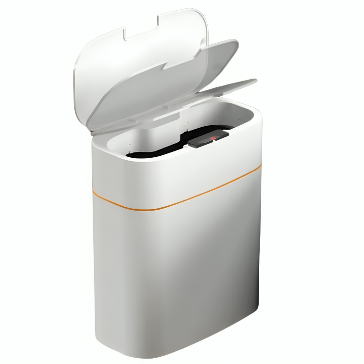 Contenitore per rifiuti automatico bianco con coperchio aperto, design moderno, sensore di movimento, ideale per cucina o ufficio.