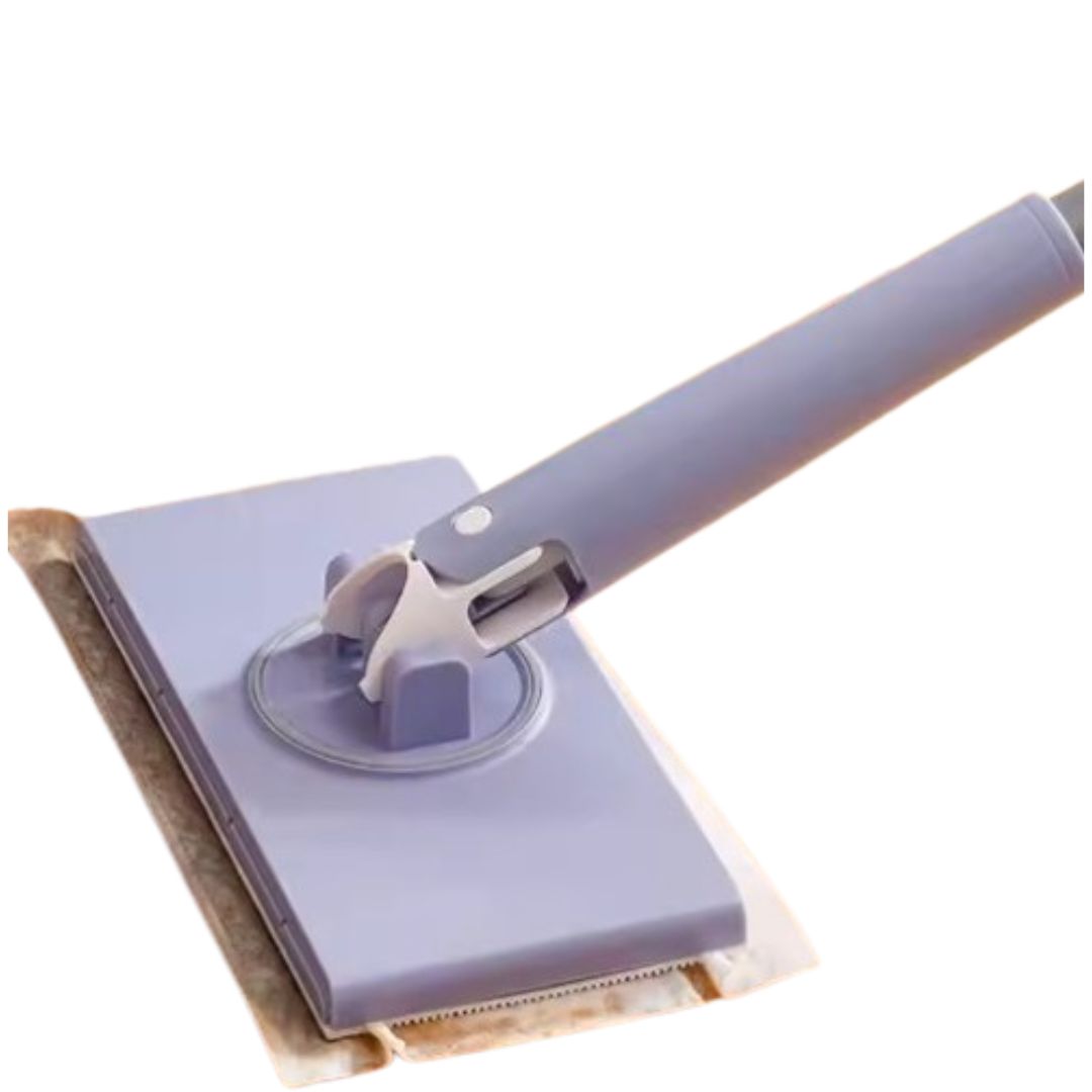 Mocio piatto in microfibra viola con manico ergonomico, ideale per pulizia pavimenti. Strumento domestico versatile e resistente.