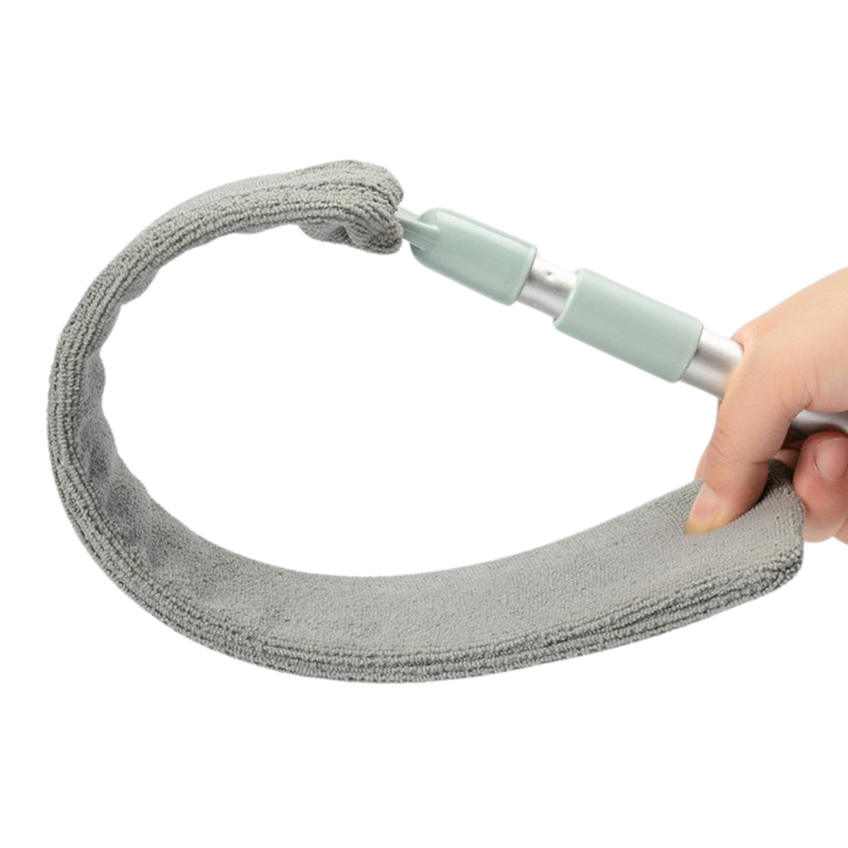 Manico telescopico con panno in microfibra grigio, flessibile e lavabile, ideale per pulizia di superfici difficili da raggiungere.