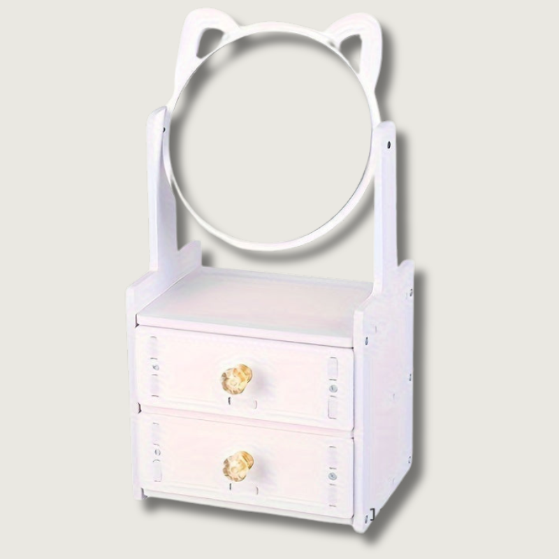 Specchio da tavolo con orecchie di gatto, bianco, con due cassetti e maniglie dorate, design elegante per camera da letto o toeletta.