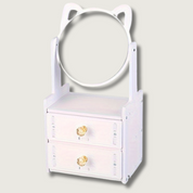 Specchio da tavolo con orecchie di gatto, bianco, con due cassetti e maniglie dorate, design elegante per camera da letto o toeletta.