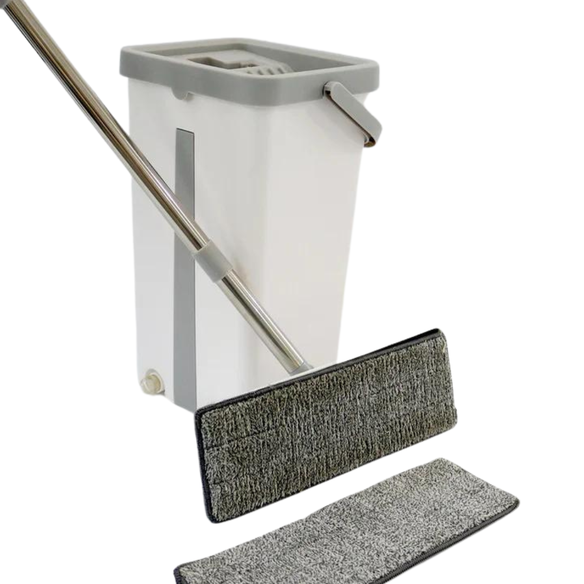 Mocio in microfibra con secchio rettangolare, sistema di lavaggio e strizzatura, manico in acciaio inox, ideale per pavimenti, pulizia domestica.