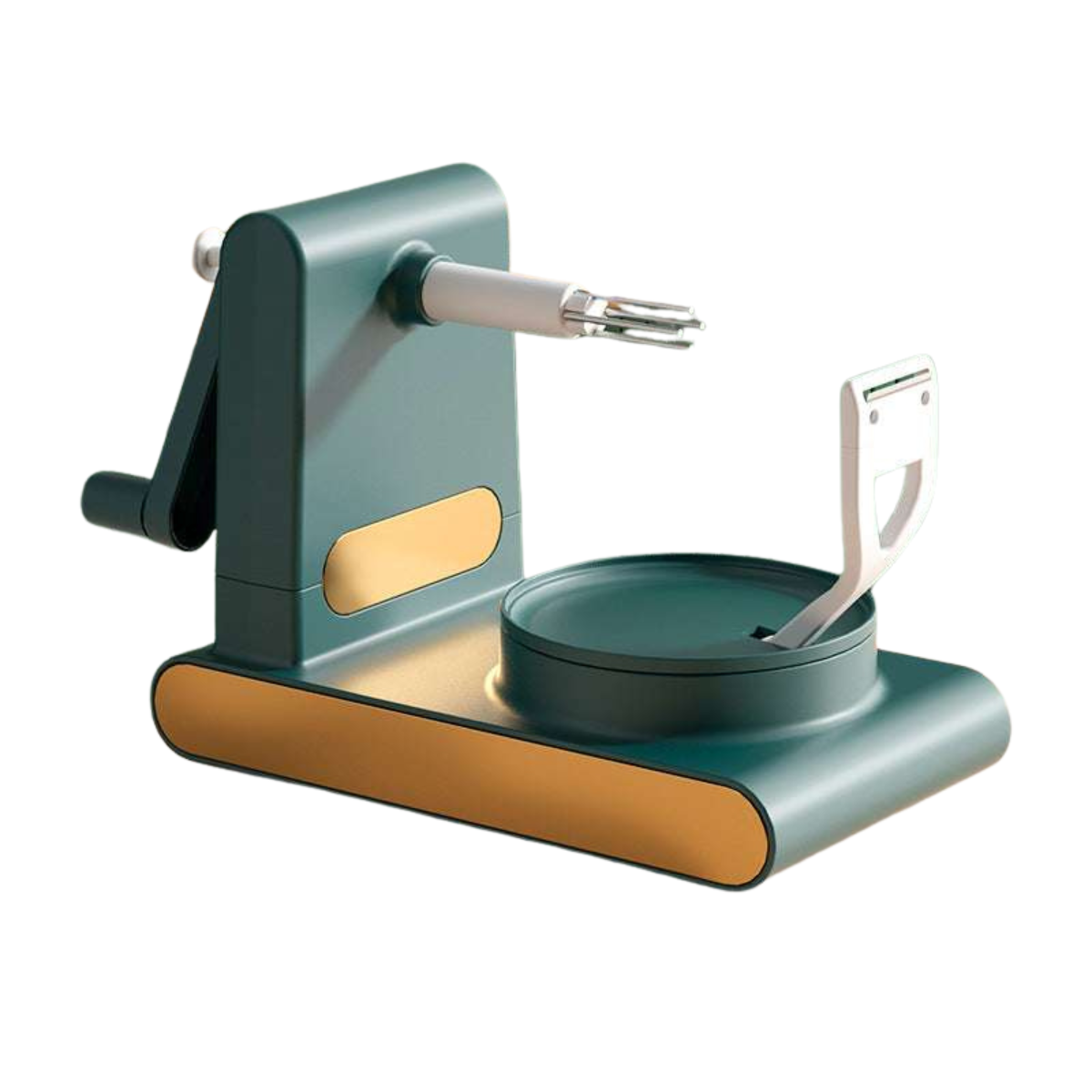 Affettatrice manuale verde e oro, design moderno, ideale per tagliare frutta e verdura. Strumento da cucina multifunzionale, facile da usare.