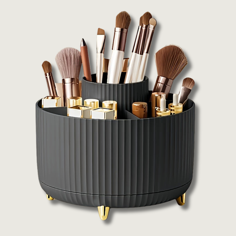 Set organizer nero per trucchi con pennelli, rossetti e matite. Design elegante, ideale per cosmetici. Accessorio essenziale per il trucco.