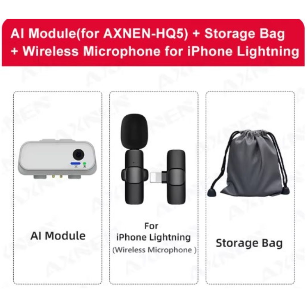 Modulo AI per AXNEN-HQ5, microfono wireless per iPhone Lightning e borsa di stoccaggio. Accessori audio portatili per smartphone.
