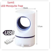 Trappola per zanzare LED USB bianca, dimensioni 10x17 cm, design cilindrico, efficace per interni, cattura insetti con luce LED.