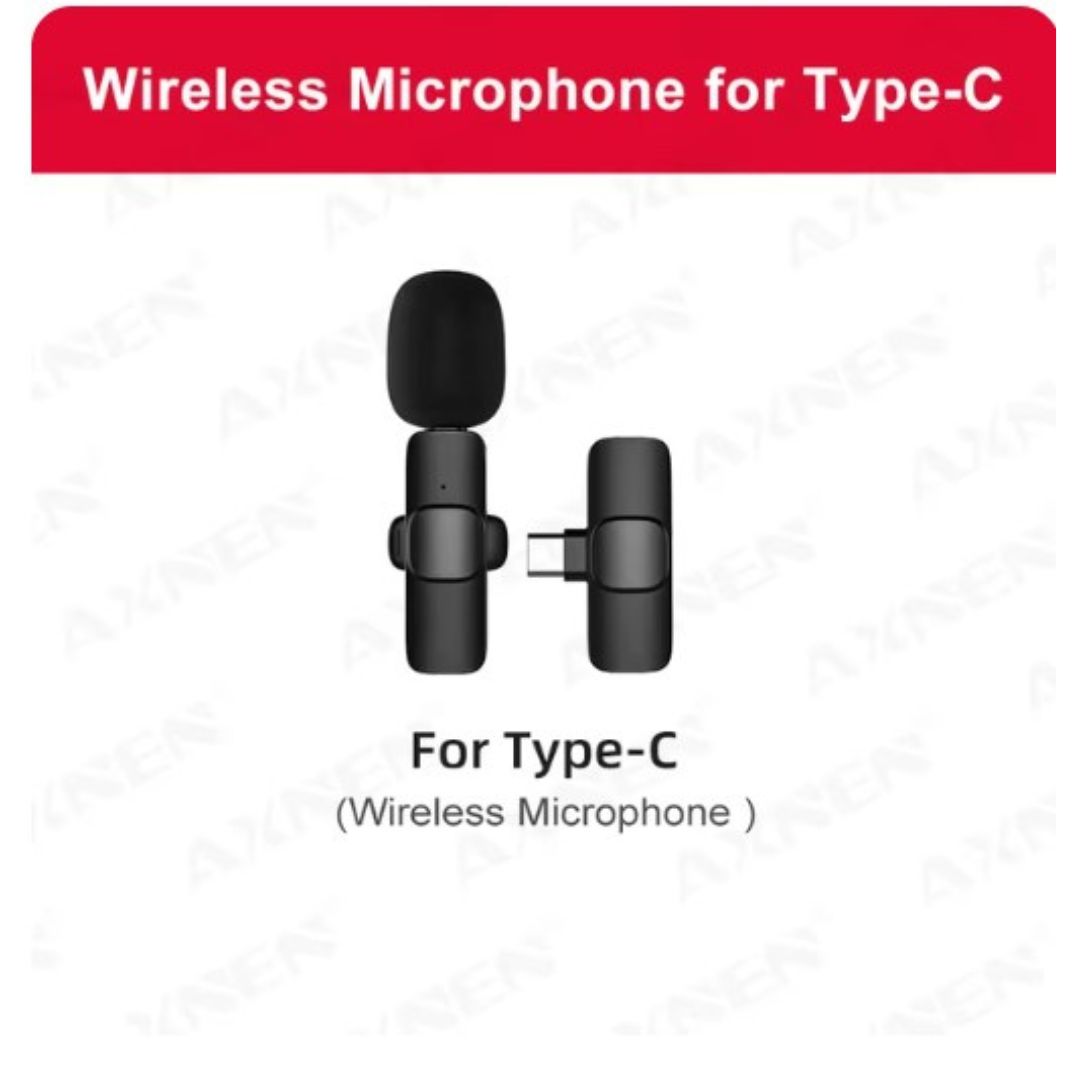 Microfono wireless per Type-C, design compatto, colore nero, ideale per registrazioni audio di alta qualità su dispositivi con porta USB-C.