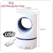 Trappola per zanzare LED USB bianca, dimensioni 11,5x21 cm, design cilindrico, efficace per interni, cattura insetti con luce LED.