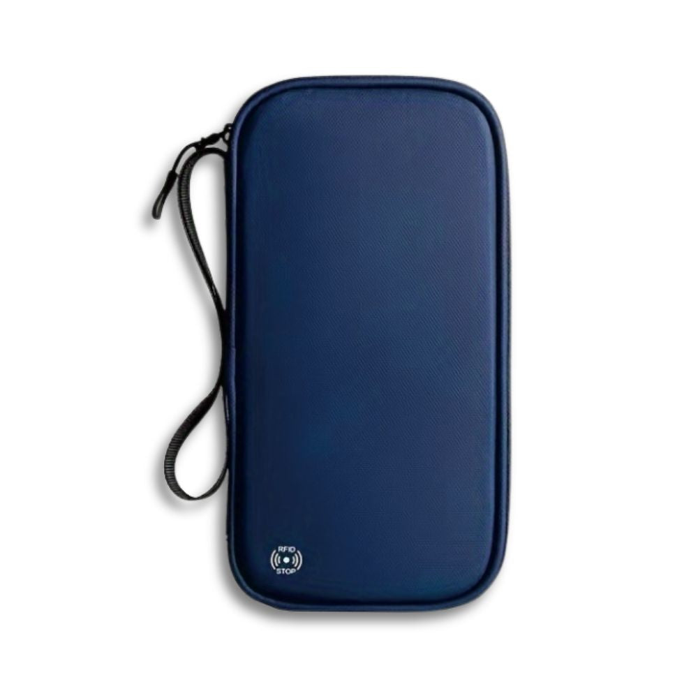 Custodia portafoglio blu con cerniera e cinturino, design compatto, protezione RFID, ideale per viaggi e sicurezza carte di credito.