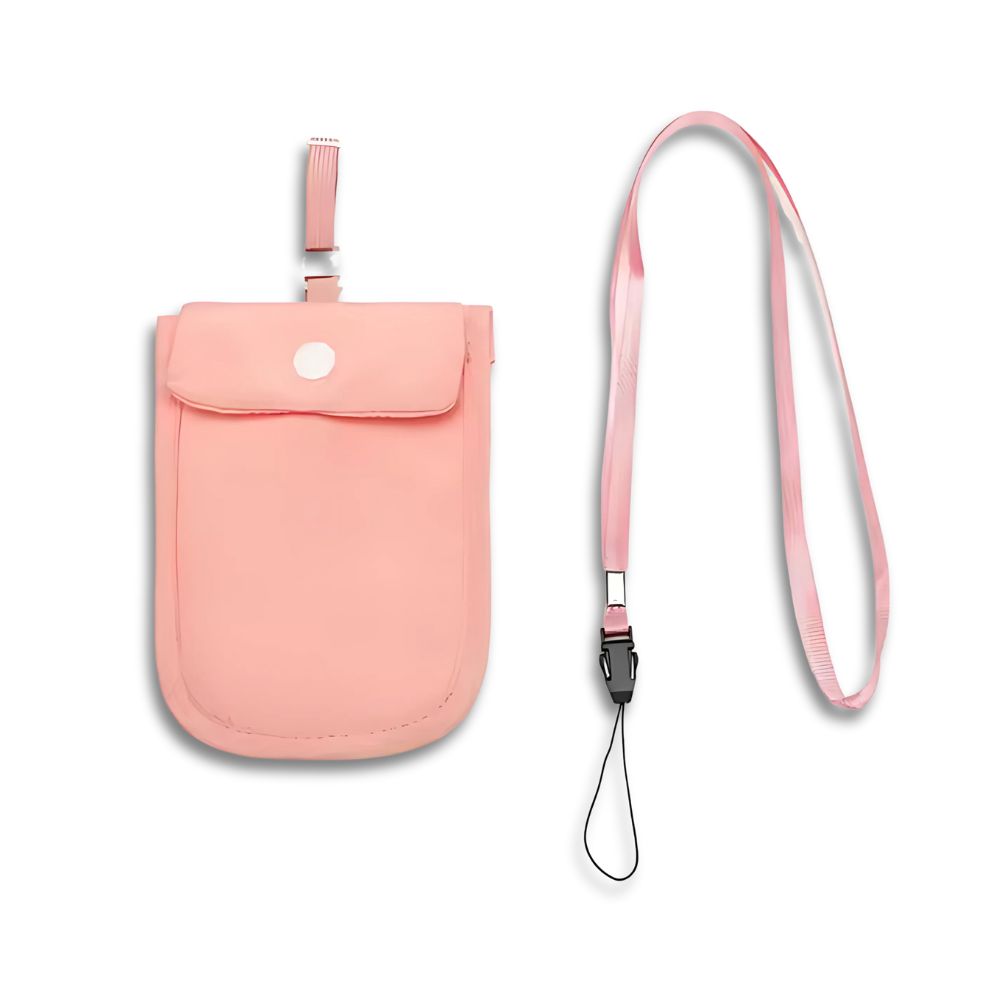 Custodia rosa per cellulare con tracolla regolabile, chiusura a bottone, ideale per smartphone. Accessorio moda pratico e leggero.