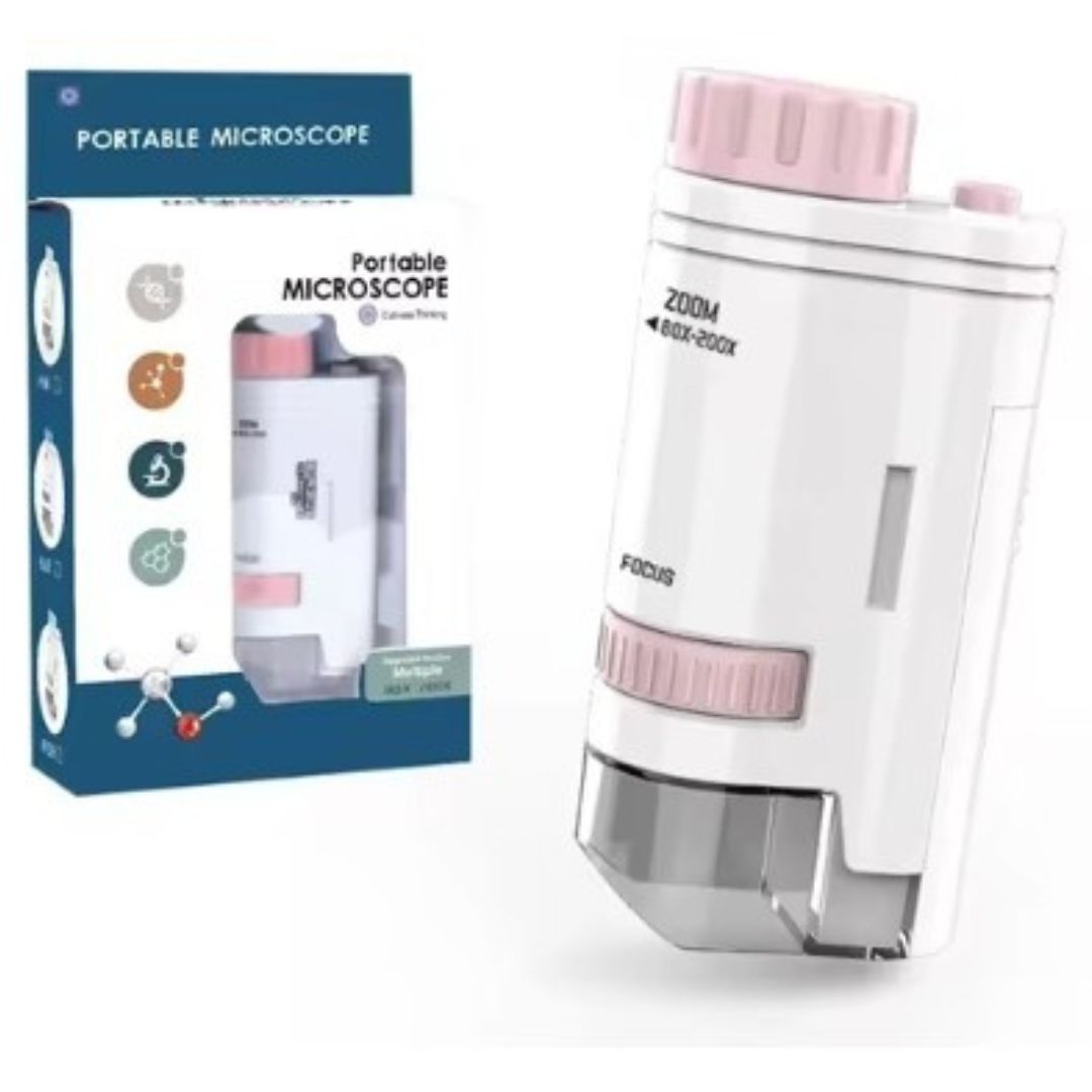 Microscopio portatile bianco e rosa con zoom 60x-200x, confezione inclusa. Ideale per scopi educativi e scientifici.