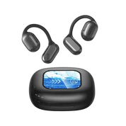 Auricolari wireless neri con custodia di ricarica, display digitale, design ergonomico, tecnologia Bluetooth avanzata, suono stereo di alta qualità.