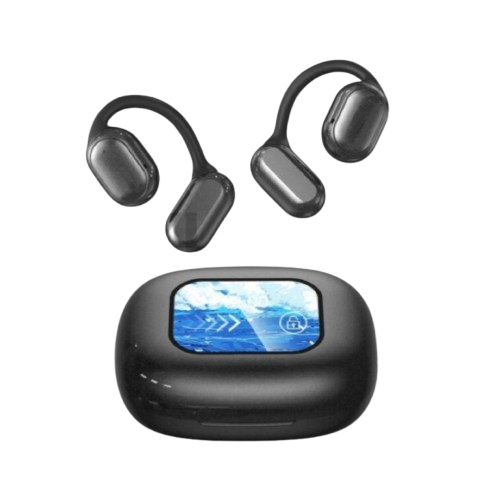 Auricolari wireless neri con custodia di ricarica, display digitale, design ergonomico, tecnologia Bluetooth avanzata, suono stereo di alta qualità.