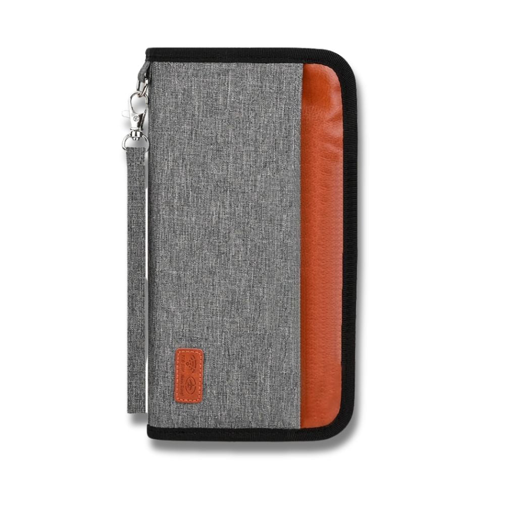 Custodia portafoglio grigia e marrone in tessuto, con cerniera e cinturino, design elegante e funzionale per smartphone e accessori.