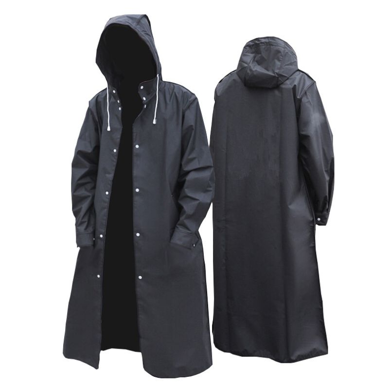 Cappotto impermeabile nero con cappuccio, lungo, antivento, ideale per pioggia, outdoor, trekking, unisex, resistente, chiusura a bottoni.