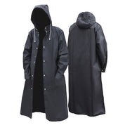 Cappotto impermeabile nero con cappuccio, lungo, antivento, ideale per pioggia, outdoor, trekking, unisex, resistente, chiusura a bottoni.