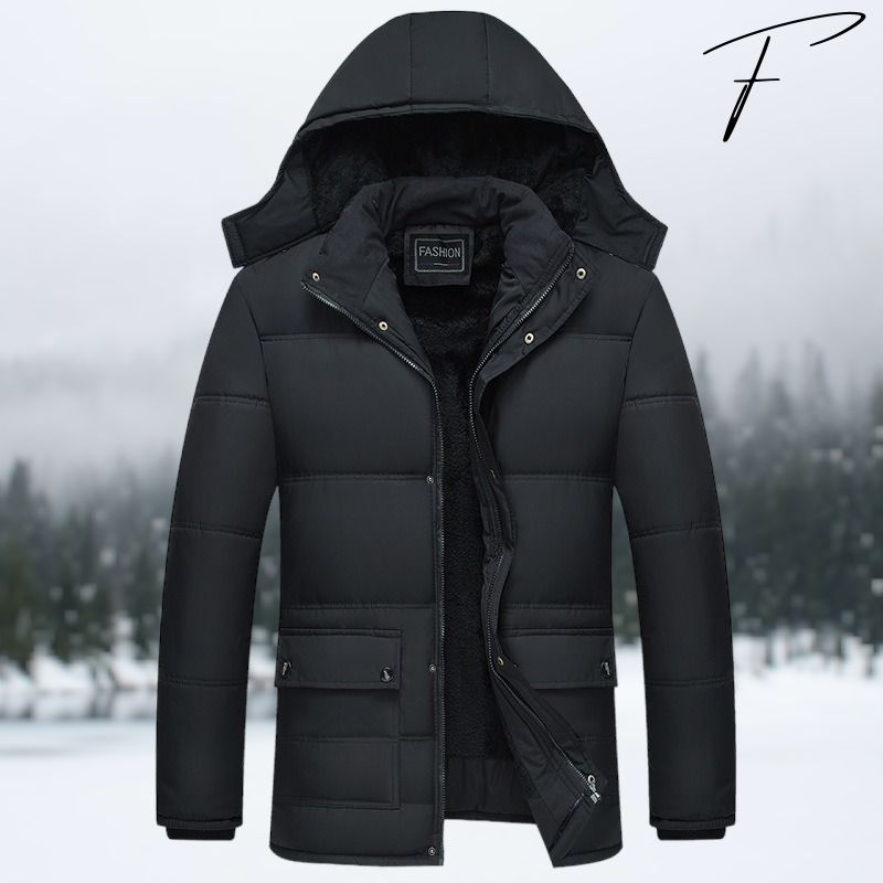 Giacca invernale nera imbottita con cappuccio, design moderno, ideale per climi freddi. Perfetta per moda uomo, abbigliamento outdoor.