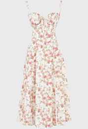 Abito estivo donna a fiori rosa, senza maniche, lunghezza media, scollo a cuore, stile vintage. Perfetto per occasioni casual e primaverili.