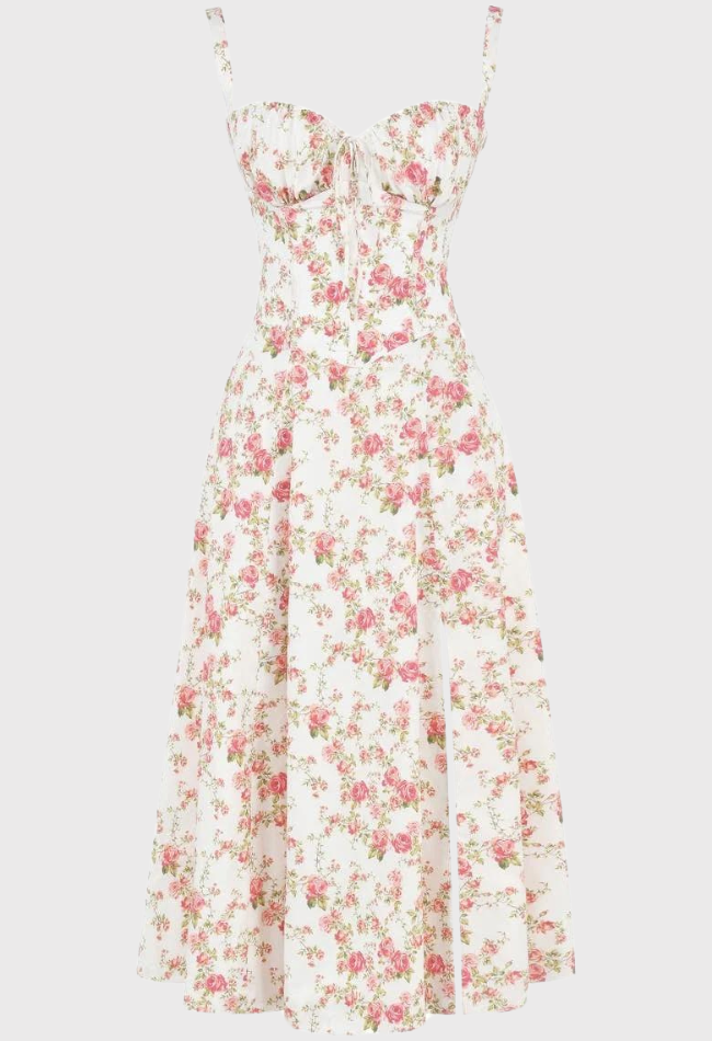 Abito estivo donna a fiori rosa, senza maniche, lunghezza media, scollo a cuore, stile vintage. Perfetto per occasioni casual e primaverili.