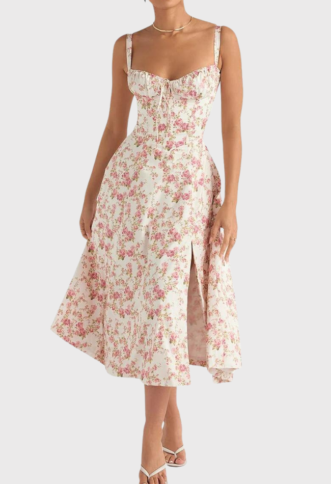 Abito estivo donna floreale bianco e rosa, spalline sottili, scollo a cuore, lunghezza midi, elegante e casual, perfetto per occasioni estive.