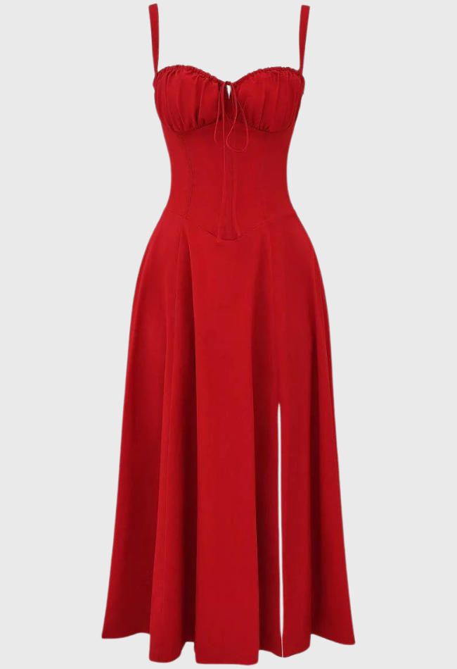 Abito rosso elegante con spalline sottili, scollo a cuore e gonna svasata. Perfetto per eventi serali e cerimonie. Moda donna, abbigliamento formale.