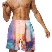 Pantaloncini da bagno uomo colorati, design astratto, vita elastica con coulisse, ideale per nuoto e spiaggia. Moda estiva maschile.