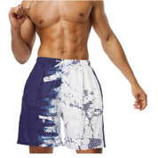 Pantaloncini da bagno uomo, design bicolore blu e bianco con motivo a pixel, elastico in vita, ideale per nuoto e sport estivi.