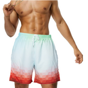 Pantaloncini da bagno uomo sfumati, design geometrico rosso e bianco, elastico in vita con coulisse, moda estiva, abbigliamento mare.