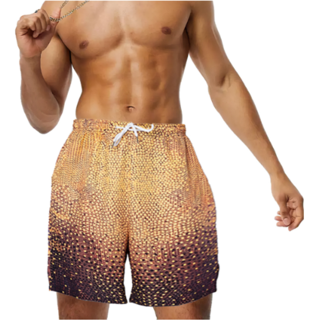 Pantaloncini da uomo con stampa a squame dorate, elastico in vita, adatti per nuoto e sport estivi. Design moderno e confortevole.