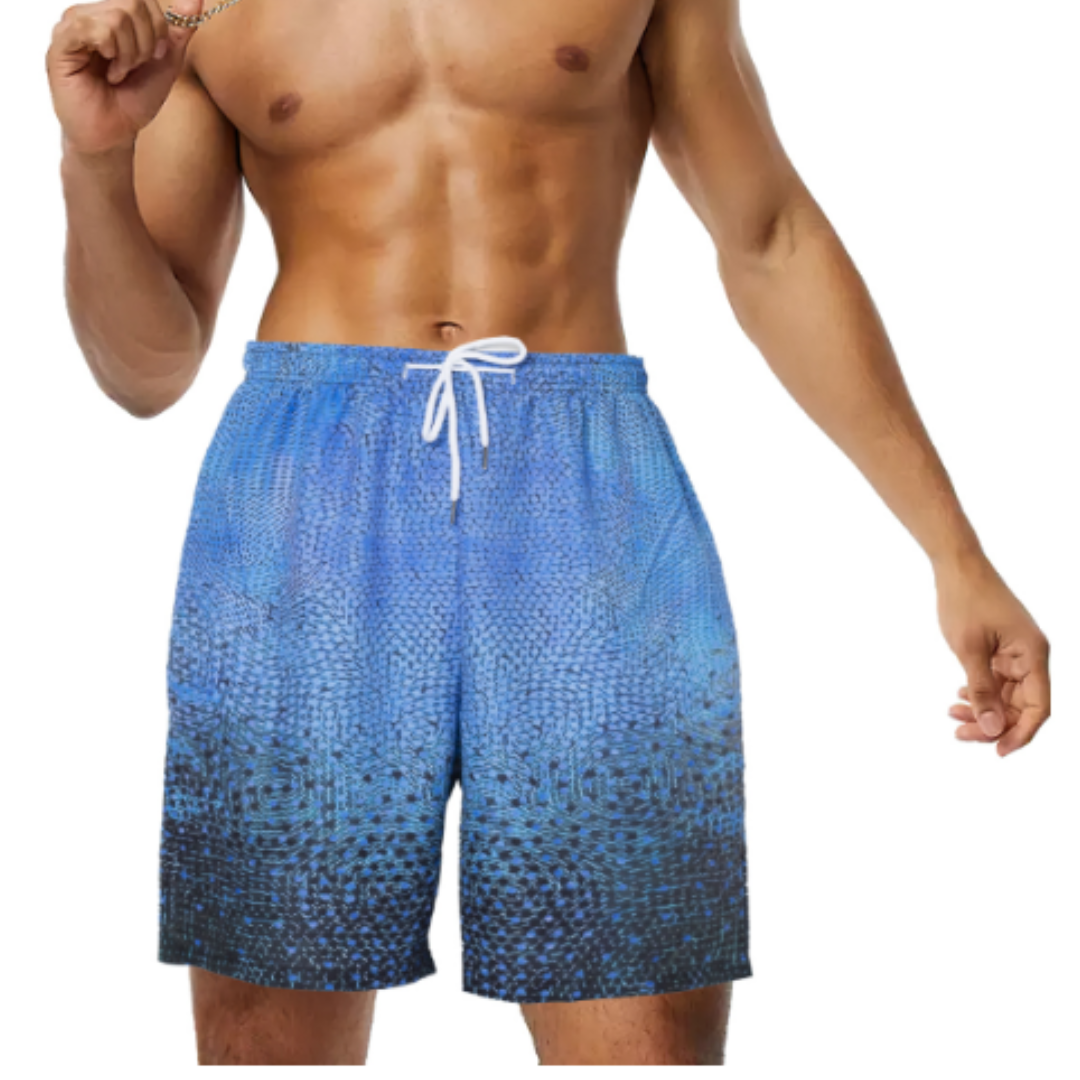 Pantaloncini da bagno uomo blu sfumati, design a rete, elastico in vita con laccio, ideale per nuoto e spiaggia. Moda estiva maschile.