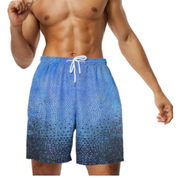 Pantaloncini da bagno uomo blu sfumati, design a rete, elastico in vita con laccio, ideale per nuoto e spiaggia. Moda estiva maschile.