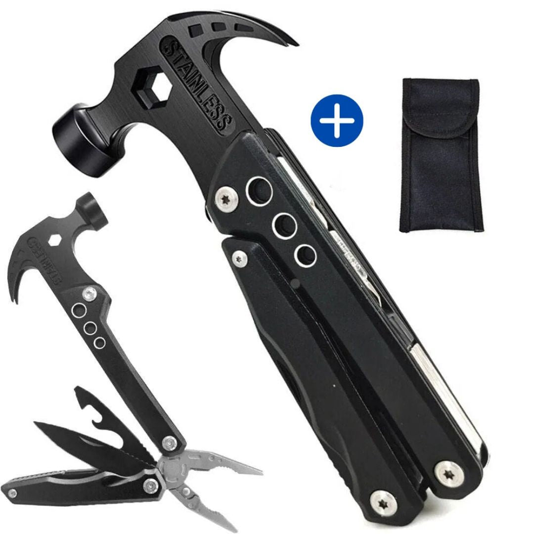 Martello multifunzione in acciaio inox nero con pinze, cacciavite e custodia. Strumento compatto per campeggio e fai-da-te.
