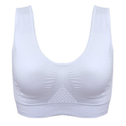Reggiseno sportivo bianco senza cuciture, design a compressione, supporto medio, tessuto traspirante, ideale per fitness e yoga.