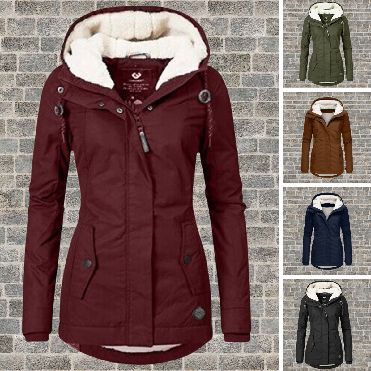 Giacca invernale da donna con cappuccio, disponibile in cinque colori: bordeaux, verde, marrone, blu e nero. Design elegante e caldo, ideale per l'inverno.