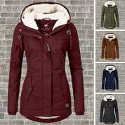 Giacca invernale da donna con cappuccio, disponibile in cinque colori: bordeaux, verde, marrone, blu e nero. Design elegante e caldo, ideale per l'inverno.