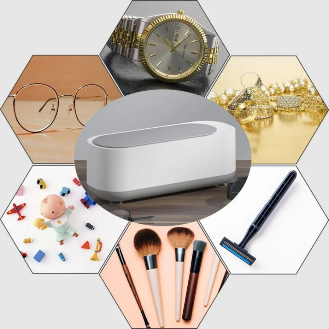 Dispositivo pulizia ad ultrasuoni per occhiali, gioielli, orologi, giocattoli, rasoi e pennelli trucco. Accessorio versatile e innovativo.