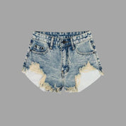 Shorts di jeans strappati da donna, blu chiaro, stile casual, con tasche anteriori e posteriori, chiusura a bottone, perfetti per l'estate.