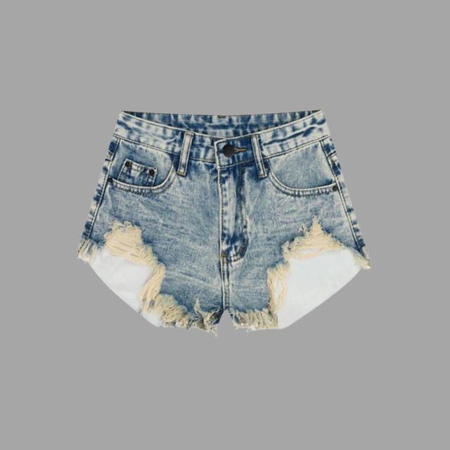 Shorts di jeans strappati da donna, blu chiaro, stile casual, con tasche anteriori e posteriori, chiusura a bottone, perfetti per l'estate.
