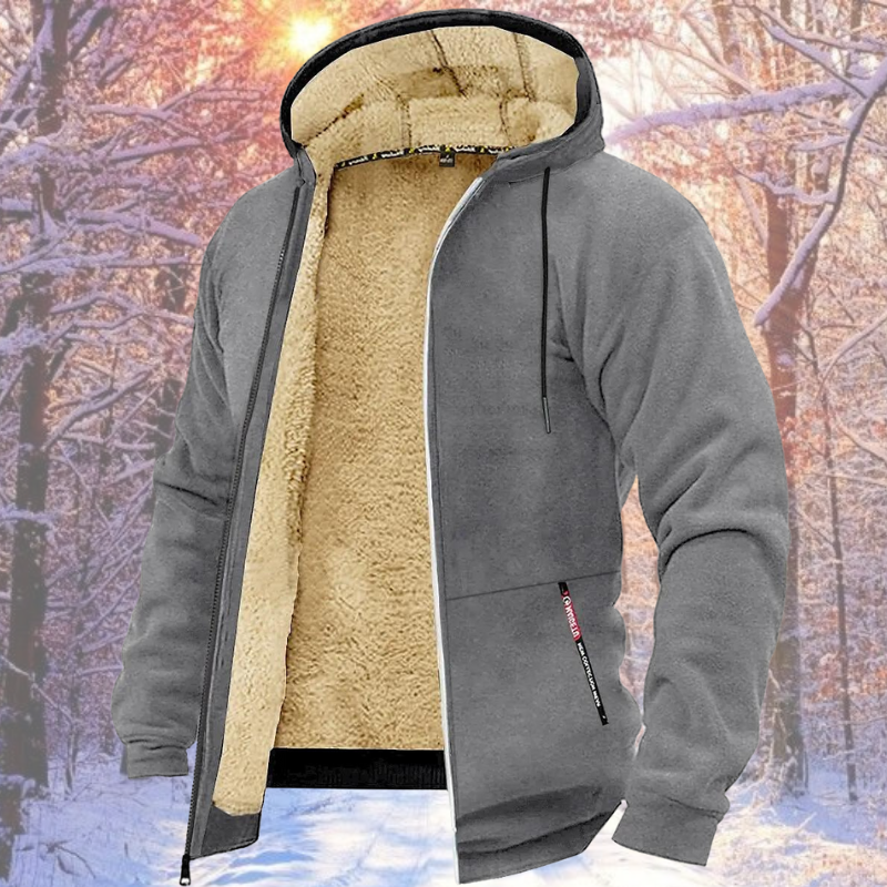 Giacca invernale grigia con cappuccio, interno in pelliccia sintetica beige, ideale per climi freddi. Perfetta per moda outdoor e abbigliamento casual.