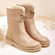 Stivali invernali beige da donna con fodera in pelliccia sintetica, suola antiscivolo e lacci decorativi. Ideali per look casual e caldi.