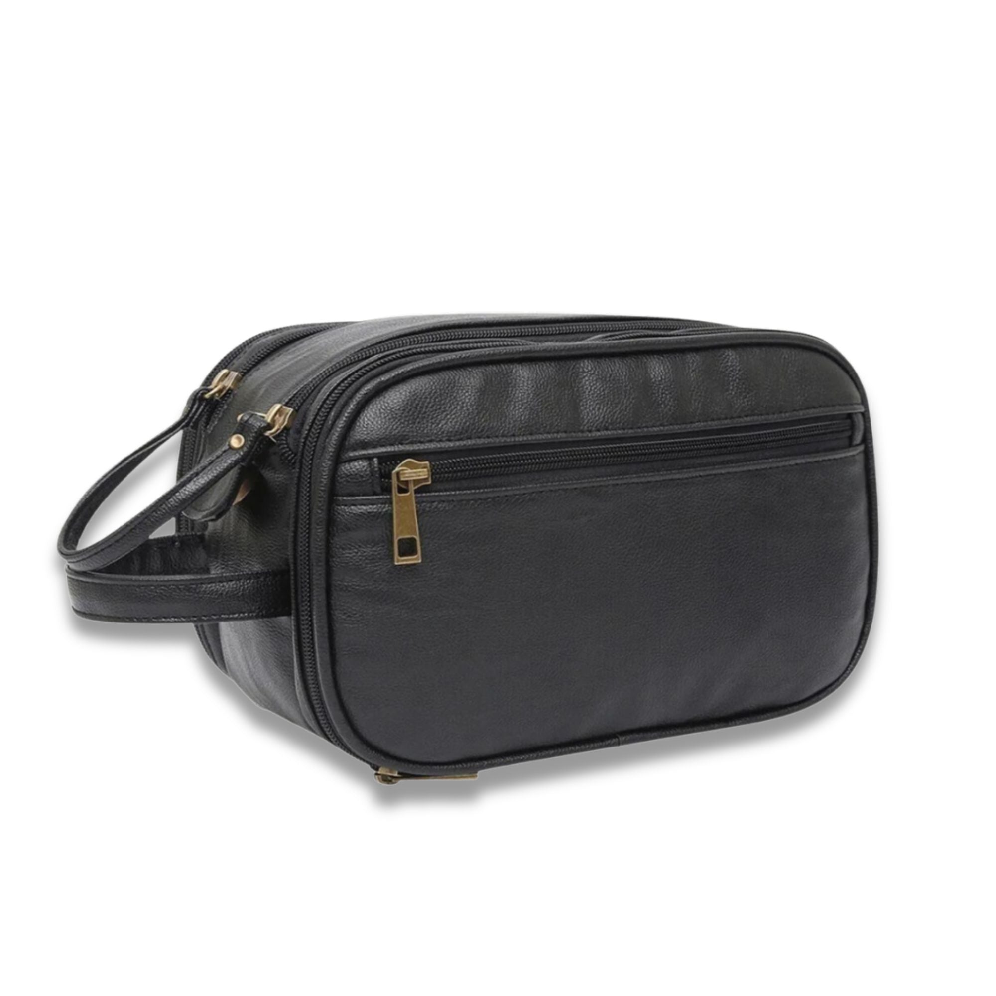 Borsa da toilette in pelle nera con cerniera dorata, design elegante e compatto, ideale per viaggi, accessori uomo, organizer da bagno.