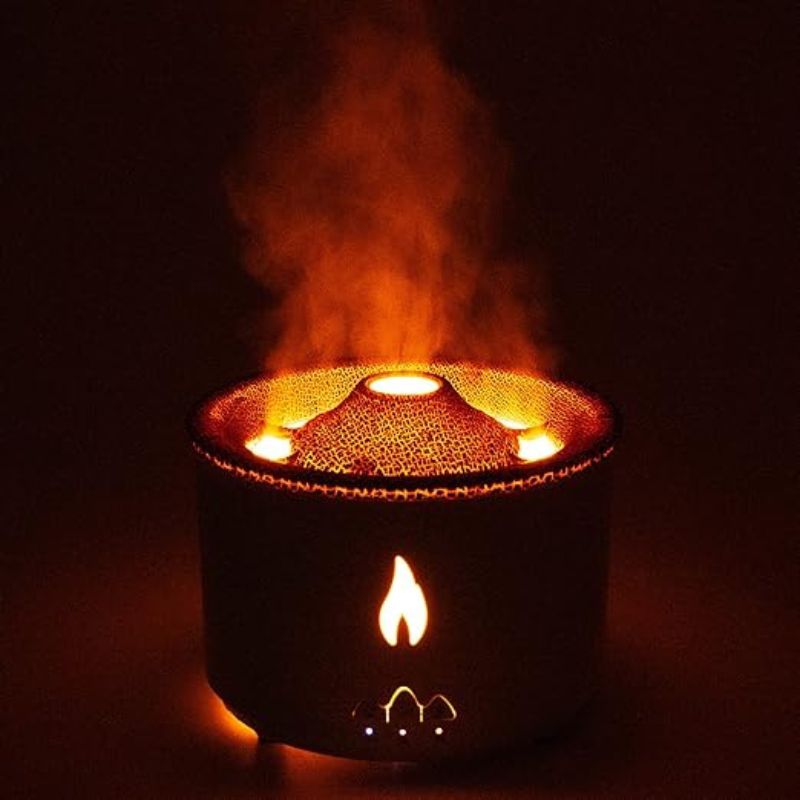 Umidificatore a ultrasuoni con luce LED calda, design moderno, emette vapore per aromaterapia, ideale per casa e ufficio, silenzioso ed efficiente.