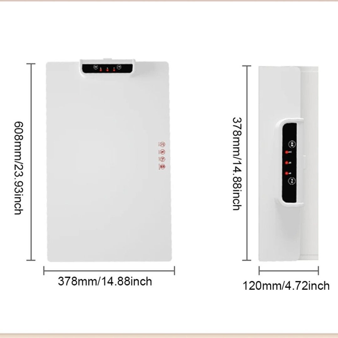 Purificatore d'aria bianco con display digitale, dimensioni 608x378x120mm, design moderno, ideale per casa e ufficio, efficienza elevata.