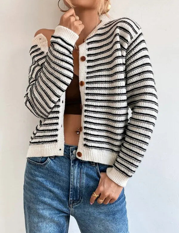 VAIDA | Striped Cardigan with Buttons-Lizabella Fashion