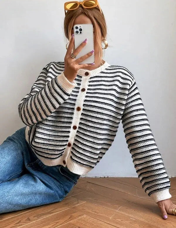 VAIDA | Striped Cardigan with Buttons-Lizabella Fashion