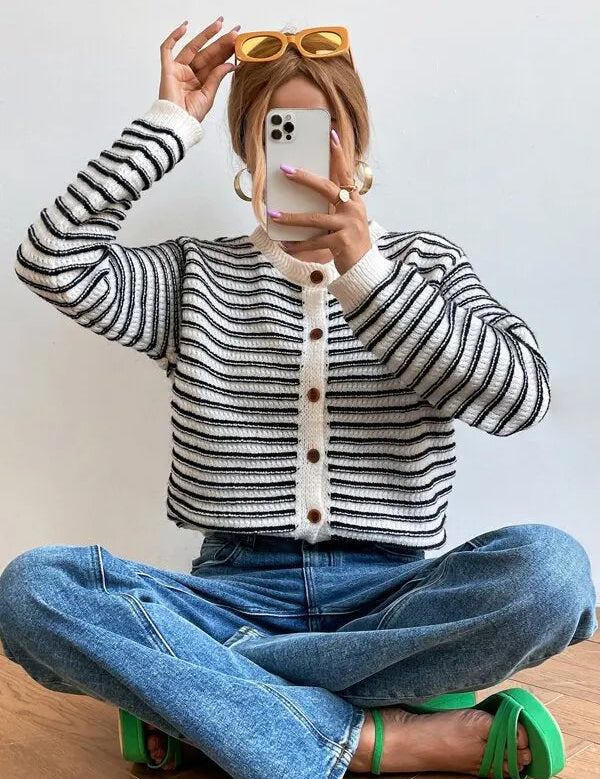 VAIDA | Striped Cardigan with Buttons-Lizabella Fashion