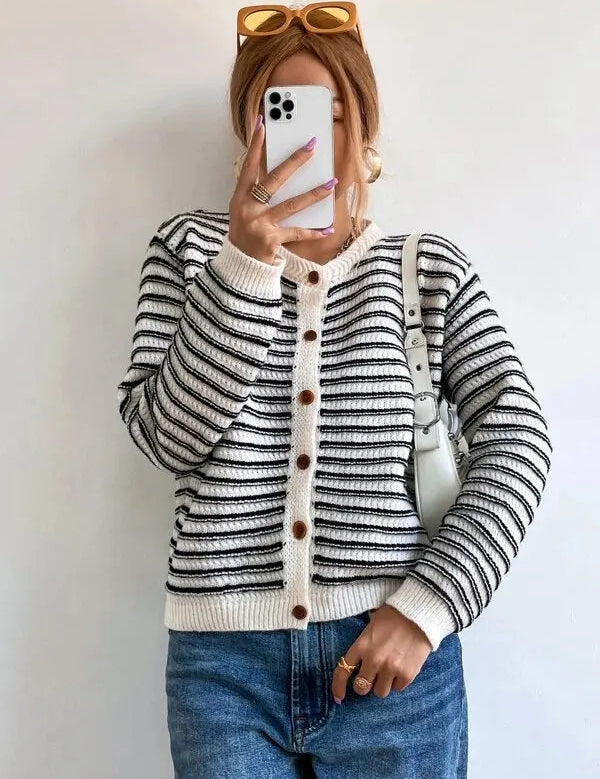 VAIDA | Striped Cardigan with Buttons-Lizabella Fashion