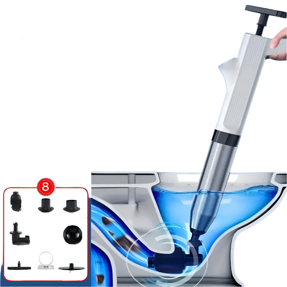 Pompa sturalavandini ad aria compressa per WC, con accessori multipli. Efficace per sturare scarichi intasati. Strumento idraulico versatile e potente.